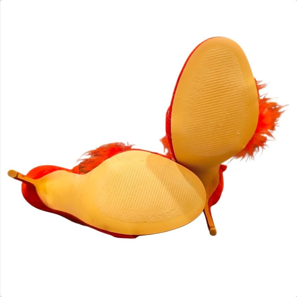 Bright Red Feathered High Heel Stiletto Open Toe Sandals With Dramatic Plume Acc - Picture 5 of 8